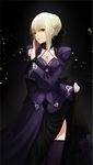  artoria_pendragon_(all) blonde_hair braid breasts cleavage dress dress_lift fate/stay_night fate_(series) highres leris_muma looking_at_viewer medium_breasts saber_alter sidelocks skirt_hold solo thighhighs wide_sleeves yellow_eyes 