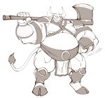  anthro axe belly big_belly bovine cattle clothed clothing hyper hyper_belly loincloth looking_at_viewer male mammal melee_weapon monochrome muscular muscular_male nipple_piercing nipples overweight overweight_male piercing siriusdog smile standing weapon 