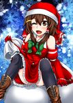  black_legwear boots bow brown_eyes brown_hair christmas detached_sleeves green_bow hair_bow hair_ornament hair_tubes hairclip hakurei_reimu hat highres one_eye_closed open_mouth sack santa_costume santa_hat shirt sitting skirt snowflake_background solo suikyou_(aqua_cities) thighhighs touhou 