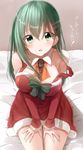  aqua_hair arm_warmers breasts christmas_tree_hair_ornament collarbone detached_collar dress eyebrows_visible_through_hair fur_trim green_eyes hair_between_breasts hair_ornament hands_on_legs highres kantai_collection large_breasts long_hair looking_at_viewer neckerchief on_bed open_mouth pentagon_(railgun_ky1206) red_dress solo strap_slip suzuya_(kantai_collection) translated 