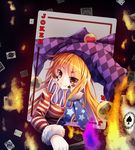  &gt;:) american_flag_dress arm_support bangs blonde_hair breasts card checkered checkered_hat clownpiece club_(shape) diamond_(shape) fur_trim hat heart jester_cap joker long_hair looking_at_viewer medium_breasts neck_ruff playing_card red_eyes smile solo spade_(shape) star star_print striped touhou upper_body v-shaped_eyebrows z.o.b 