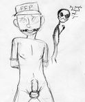  2015 animatronic anthro ball_gag bdsm black_and_white bondage bound cock_ring dialogue duo english_text erection five_nights_at_freddy&#039;s five_nights_at_freddy&#039;s_2 gag gagged hands_behind_back hat human humanoid inkyfrog looking_at_viewer machine male mammal marionette_(fnaf) monochrome penis robot simple_background talking_to_viewer text traditional_media_(artwork) video_games white_background 