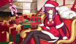  black_legwear box breasts fate/grand_order fate_(series) gae_bolg gift gift_box gloves hat kauto large_breasts long_hair looking_at_viewer pantyhose polearm purple_hair red_eyes red_gloves santa_costume santa_hat scathach_(fate)_(all) scathach_(fate/grand_order) sitting smile solo very_long_hair weapon 