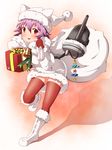  :3 alternate_costume box carrying carrying_under_arm coroha gift gift_box kantai_collection looking_at_viewer machinery purple_hair red_eyes red_legwear sack short_hair solo tama_(kantai_collection) thighhighs turret winter_clothes zettai_ryouiki 