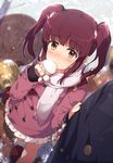  bag blurry blush brown_eyes brown_hair buttons coat commentary_request covering_mouth day depth_of_field double-breasted eyebrows_visible_through_hair from_above gloves hand_over_own_mouth idolmaster idolmaster_cinderella_girls looking_at_viewer looking_up nose_blush ogata_chieri ogipote outdoors pleated_skirt scarf shoes short_hair sidelocks skirt solo_focus twintails winter_clothes winter_coat 