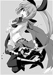  black_gloves black_legwear breasts cape clarisse_(granblue_fantasy) gloves granblue_fantasy greyscale hair_ribbon iwanori long_hair looking_at_viewer medium_breasts monochrome one_eye_closed open_mouth ponytail ribbon sideboob skirt sleeveless smile solo test_tube thighhighs 