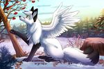  2016 avian black_nose canine day detailed_background feathered_wings feathers feral fox fur hair hybrid ketty-leopardess mammal outside paws smile snow solo white_feathers white_fur white_hair wings yellow_eyes 