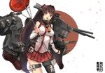  :d akasaai anchor bangs breasts brown_eyes brown_hair cannon commentary_request detached_sleeves eyebrows_visible_through_hair hair_between_eyes hand_up highres holding holding_umbrella japanese_clothes japanese_flag kantai_collection large_breasts long_hair looking_at_viewer open_mouth oriental_umbrella petals pleated_skirt ponytail red_skirt red_umbrella shirt skirt sleeveless sleeveless_shirt smile solo teeth umbrella very_long_hair white_background yamato_(kantai_collection) 