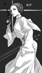  bad_id bad_twitter_id carrie_fisher condensation_trail double_bun greyscale gun handgun highres kozaki_yuusuke looking_at_viewer monochrome parted_lips princess_leia_organa_solo sketch solo star_wars weapon 