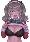 alternate_costume aqua_eyes bell black_bra blurry blurry_background bra breasts capelet cleavage eyebrows_visible_through_hair fur_trim hair_ornament hat highres kantai_collection kashima_(kantai_collection) lace lace-trimmed_bra large_breasts long_sleeves looking_at_viewer md5_mismatch open_mouth santa_costume santa_hat shiny shiny_hair shiny_skin shirt_lift silver_hair simple_background solo teeth twintails underwear usa_b white_background 