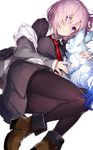  absurdres black_legwear boots breasts collared_shirt eyewear_removed fate/grand_order fate_(series) fou_(fate/grand_order) glasses hair_over_eyes highres jacket large_breasts looking_at_viewer lying mash_kyrielight md5_mismatch mika_pikazo necktie on_side pantyhose pleated_skirt purple_eyes purple_hair red_neckwear shirt skirt smile white_background 