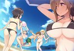  4girls :d aqua_(konosuba) arm_at_side armpits arms_up ass ass_visible_through_thighs back ball bangs bare_arms bare_legs bare_shoulders barefoot beach beach_umbrella beachball between_breasts bikini bikini_pull black_bikini black_hair blonde_hair blue_eyes blue_hair blue_sky blush bow breasts brown_eyes brown_hair cheek_press chest cleavage clenched_hand cloud collarbone confused covered_nipples darkness_(konosuba) day dutch_angle embarrassed eyebrows_visible_through_hair eyelashes food frilled_bikini frills green_eyes green_shorts groin hair_between_eyes hair_bobbles hair_ornament hairclip half_updo halter_top halterneck hanging_breasts head_between_breasts holding holding_ball holding_food kono_subarashii_sekai_ni_shukufuku_wo! lace_trim large_breasts leg_up long_hair looking_at_another looking_back male_swimwear medium_breasts megumin mountain multiple_girls navel ocean open_hand open_mouth outdoors outstretched_arm palms parted_lips ponytail profile pulled_by_another red_bow red_eyes satou_kazuma shade shirt_lift short_hair short_hair_with_long_locks shorts sideboob sidelocks sky smile sphere spread_fingers squid standing stomach strap_gap strapless strapless_bikini string_bikini summer surprised swim_trunks swimsuit swimwear tam-u thigh_gap umbrella underboob very_long_hair w_arms wading water wedgie wet white_bikini wiz_(konosuba) x_hair_ornament 