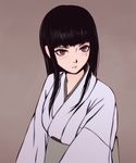  bangs black_hair blunt_bangs brown_background brown_eyes closed_mouth commentary english_commentary expressionless highres hitsuji_no_uta japanese_clothes kimono miura-n315 mole mole_under_eye simple_background solo takashiro_chizuna white_kimono 