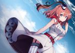  blue_eyes blue_sky breast_pocket breasts cloud cloudy_sky day drum_magazine garter_straps highres kantai_collection large_breasts long_hair looking_at_viewer magazine_(weapon) mku neckerchief pocket ponytail red_neckwear saratoga_(kantai_collection) scarf sky smile smokestack solo wind wind_lift 