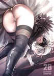  artist_name ass ass_focus black_blindfold black_dress blindfold boots breasts cleavage_cutout climbing dress embarrassed facing_viewer feather-trimmed_sleeves from_below highres large_breasts light looking_down messy_hair mole mole_under_mouth nier_(series) nier_automata outstretched_hand panties pantyshot pantyshot_(standing) partially_visible_vulva shiny_legwear short_hair silver_hair solo souryu stairs standing thick_thighs thighhighs thighhighs_under_boots thighs underwear vambraces wedgie white_hair white_legwear white_panties yorha_no._2_type_b 