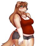  belly blush breasts brown_hair canine cleavage clothed clothing denim_shorts dog female fur green_eyes hair mammal overweight porin shirt shorts solo tan_fur tank_top thick_thighs 