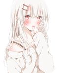  albino blush finger_to_mouth hiro_(hirohiro31) long_hair looking_at_viewer off_shoulder original red_eyes simple_background solo sweater white_hair 