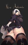  ass bad_id bad_pixiv_id black_dress blindfold breasts copyright_name cowboy_shot dress from_below hairband harry_(dudwofla) highres large_breasts mole mole_under_mouth nier_(series) nier_automata panties short_hair solo thighs typo underwear white_hair white_panties yorha_no._2_type_b 