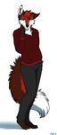  2016 anthro barefoot blue_eyes canine clothed clothing dipstick_tail fox looking_at_viewer male mammal multicolored_tail ratte simple_background smile solo white_background 