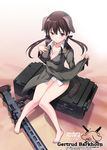  animal_ears barefoot blush breasts brown_eyes brown_hair character_name cleavage collarbone dog_ears dog_tail gertrud_barkhorn gun hair_ribbon legs logo long_hair long_sleeves looking_at_viewer machine_gun medium_breasts mg42 military military_uniform mutsumi_masato panties ribbon shiny shiny_hair shiny_skin sitting smile solo strike_witches tail twintails underwear uniform untied weapon white_panties world_witches_series 