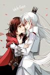  alternate_costume cape earrings english jewelry kuma_(bloodycolor) long_hair multiple_girls red_hair ruby_rose rwby scar silver_hair tiara weiss_schnee white_hair yuri 