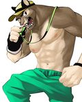 action_pose athletic baseball_cap chirenbo clothed clothing cougar feline frown hat looking_away male mammal nipples open_mouth pecs sharp_teeth shirt solo teeth topless whistle 
