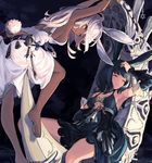 ^_^ animal_ears armpits bangs barefoot belt black_hair bunny_ears bunny_tail butt_crack closed_eyes dark_skin detached_sleeves dress gown hand_on_own_chest hand_on_own_head long_hair multiple_girls one_eye_closed original smile supertie tail tarot the_moon white_hair yellow_eyes 