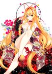  arm_at_side blonde_hair bow breasts bursting_breasts choker cleavage closed_mouth collarbone eyebrows_visible_through_hair fingernails floral_background floral_print hair_censor hair_over_breasts hair_ribbon hand_in_hair hand_on_own_head high_heels japanese_clothes kimono knee_up large_breasts legs long_hair long_legs long_sleeves looking_at_viewer obi off_shoulder one_breast_out print_kimono red_bow red_ribbon ribbon roh_nam_kyung sash shiny shiny_hair shoe_soles sitting sleeves_past_wrists smile solo thigh_strap thighs touhou very_long_hair white_background wide_sleeves yakumo_yukari 