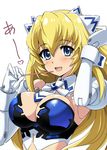  :d altrene blonde_hair blue_eyes blush breasts busou_shinki cleavage doll_joints eating elbow_gloves food gloves hair_ornament highres large_breasts long_hair looking_at_viewer necktie open_mouth pocky shiny shiny_hair simple_background smile solo tokiani white_background white_gloves wrist_cuffs 