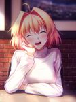  :d ^_^ ^o^ antenna_hair arcueid_brunestud blurry blush brick_wall chair closed_eyes day depth_of_field eyebrows_visible_through_hair fal hand_on_own_cheek head_tilt light_particles long_sleeves open_mouth sitting smile solo sunlight sweater table tsukihime turtleneck turtleneck_sweater type-moon upper_body white_sweater 