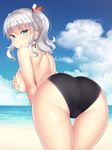  ass back beach bent_over bikini black_bikini blue_eyes breasts cloud covering covering_breasts day frown hair_ribbon highres kantai_collection kashima_(kantai_collection) looking_at_viewer looking_back medium_breasts ribbon sideboob silver_hair solo sweatdrop swimsuit thigh_gap thighs topless twintails upset usa_b wavy_hair 