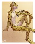 2015 animal_genitalia anthro cheetah claws clothed clothing feline feralise leaning male mammal nude portrait pose sheath simple_background sitting skimpy solo yellow_eyes 