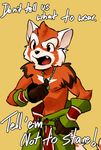  annoyed anthro chirenbo clothed clothing cute_fangs dialogue english_text male mammal mao_(chirenbo) nipples open_mouth pants pendant pointing_at_self red_panda solo talking_to_viewer text topless 