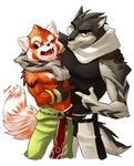  arm_around_shoulders canine chirenbo clothed clothing cute_fangs duo front_view looking_at_viewer looking_away male mammal mao_(chirenbo) nipples one_eye_closed open_mouth pecs pointing red_panda scarf shirt signature smile tank_top topless were werewolf wink wolf 