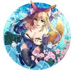  absurdres animal_ears blue_legwear bow breasts cherry_blossoms cleavage collarbone damow_(myway83522) detached_sleeves fangs fate/extella fate/extra fate_(series) fox_ears fox_tail hair_bow hair_ribbon hand_on_own_chest highres japanese_clothes large_breasts looking_at_viewer looking_up open_mouth petals pink_hair ribbon smile solo tail tamamo_(fate)_(all) tamamo_no_mae_(fate) water yellow_eyes 