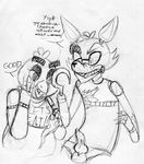  2015 animal_genitalia animal_penis animatronic anthro avian bib bird black_and_white canine canine_penis chica_(fnaf) chicken dialogue duo english_text erection eye_patch eyewear female five_nights_at_freddy&#039;s food fox foxy_(fnaf) hook_hand inkyfrog knot machine male mammal monochrome penis pizza robot simple_background text traditional_media_(artwork) video_games white_background 
