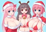  3girls :d artist_name bikini bikini_top blue_eyes blush breasts brown_hair christmas cleavage eyebrows_visible_through_hair front-tie_bikini hands_on_breasts haramura_nodoka huge_breasts large_breasts long_hair looking_at_viewer maya_yukiko multiple_girls navel open_mouth pink_hair red_bikini red_bow red_eyes ribbon saki santa_costume santa_hat simple_background smile swimsuit upper_body 