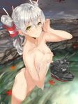  amatsukaze_(kantai_collection) ass breasts brown_eyes covering hair_tubes highres hitaki_yuu kantai_collection leaf long_hair looking_up maple_leaf nude nude_cover onsen rensouhou-kun silver_hair sketch small_breasts solo towel two_side_up wet windsock 
