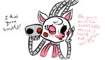  2015 animatronic anthro blush canine dialogue duo english_text eyes_closed female five_nights_at_freddy&#039;s five_nights_at_freddy&#039;s_2 fox inkyfrog lipstick machine makeup mammal mangle_(fnaf) robot simple_background text video_games white_background 