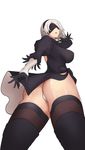  1girl artist_request ass black_dress black_legwear blindfold breasts dress from_behind from_below gloves nier_(series) nier_automata panties parted_lips shiny shiny_hair shiny_skin short_hair sideboob silver_hair solo thong underwear upskirt white_panties yorha_unit_no._2_type_b 