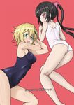  akatsuki_kirika ass bare_shoulders black_hair blonde_hair blush breasts covered_navel fujikawa_daichi green_eyes hair_ornament hairclip long_hair looking_at_viewer looking_back lying medium_breasts multiple_girls on_side one-piece_swimsuit open_mouth pink_background pink_eyes school_swimsuit senki_zesshou_symphogear shiny shiny_hair shiny_skin short_hair simple_background smile swimsuit tsukuyomi_shirabe twintails white_school_swimsuit white_swimsuit x_hair_ornament 