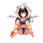  ahoge alternate_costume animal animal_on_head arms_up bare_legs bare_shoulders barefoot bikini black_hair blue_bikini breast_press breasts cat cat_on_head cleavage feathered_wings feet full_body hair_between_eyes kantai_collection large_breasts long_hair looking_at_viewer midriff navel necolab on_head soles solo swimsuit thighs toes ushio_(kantai_collection) wings 