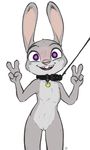  4_fingers alec8ter anthro blush buckteeth collar collar_tag colored disney female flat_chested front_view judy_hopps lagomorph leash looking_at_viewer mammal nude open_mouth purple_eyes pussy rabbit simple_background smile solo teeth text v_sign white_background zootopia 