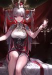 balance_scale bangs breasts capelet closed_mouth dress expressionless gown headdress holding irua justice_(tarot_card) large_breasts long_hair looking_at_viewer original pale_skin red_eyes red_ribbon ribbon silver_hair sitting solo tarot thigh_strap vampire weighing_scale 