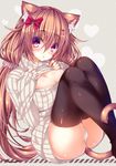  :o animal_ears ass beige_background blush bow breasts brown_hair cat_ears cleavage_cutout hair_between_eyes hair_bow hair_ornament hair_scrunchie hairclip hands_on_own_chest headgear heart highres legs_up liliko_(ooji_cha) long_hair long_sleeves looking_at_viewer medium_breasts meme_attire ooji_cha open-chest_sweater open_mouth original panties polka_dot polka_dot_scrunchie purple_eyes red_bow ribbed_sweater scrunchie simple_background sleeves_past_wrists solo sweater tareme thighhighs turtleneck turtleneck_sweater underwear very_long_hair white_panties 