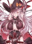  1girl adjusting_hat breasts detached_sleeves female garter_belt granblue_fantasy hat hat_ribbon large_breasts long_hair looking_at_viewer magisa_(granblue_fantasy) orange_ribbon red_eyes ribbon silver_hair simple_background smile solo wavy_hair white_background witch witch_hat 