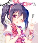  ;o \m/ ayuma_sayu bangs black_hair bow bowtie bracelet brooch center_frills commentary_request finger_to_chin hair_between_eyes hair_ribbon heart heart-shaped_pupils jewelry looking_at_viewer love_live! love_live!_school_idol_project one_eye_closed polka_dot_ribbon puffy_short_sleeves puffy_sleeves red_bow red_eyes red_neckwear ribbon short_sleeves solo symbol-shaped_pupils twintails twitter_username yazawa_nico 