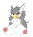  anthro avian beak big_breasts breasts chest_tuft female looking_at_viewer red_eyes sepiruth smile solo tuft 