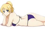  ass ayase_eli back bare_arms bare_shoulders bikini blonde_hair blue_bikini blue_eyes blush breasts closed_mouth commentary_request hair_ornament hair_scrunchie highres long_hair looking_at_viewer love_live! love_live!_school_idol_project lying mattari_yufi medium_breasts on_stomach ponytail red_scrunchie scrunchie shiny shiny_skin sideboob simple_background smile solo swimsuit tareme thighs white_background 