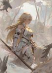  animal arm_at_side armor armored_boots armored_dress army artist_name bare_shoulders bird blonde_hair blue_eyes blurry boots breasts building chain character_name closed_mouth copyright_name dress fate/apocrypha fate_(series) faulds flag from_side full_body fur_trim gauntlets gorget headpiece holding jeanne_d'arc_(fate) jeanne_d'arc_(fate)_(all) jewelry krenz long_hair medium_breasts military pole profile sheath sheathed shiny shiny_clothes sleeveless solo_focus sword walking weapon white_dress 